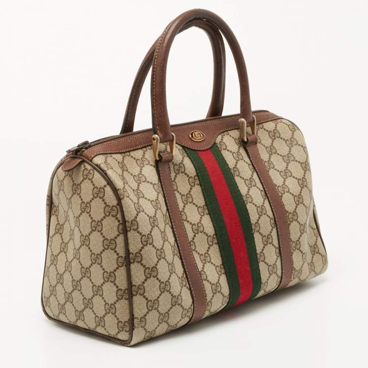 Pre Owned Gucci Brown/Beige GG Canvas Medium Vintage Web Boston Bag