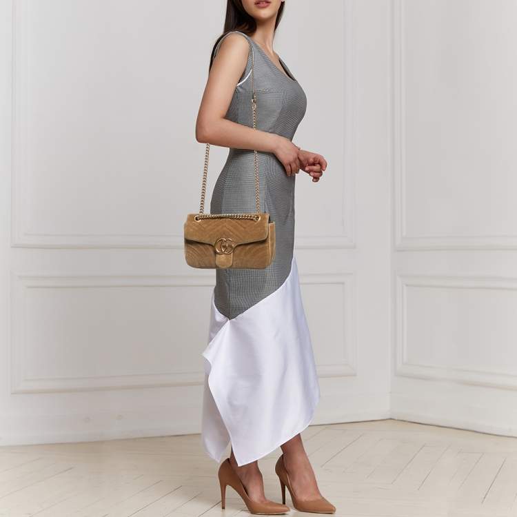 Gucci Beige Matelassé Velvet Small GG Marmont Shoulder Bag