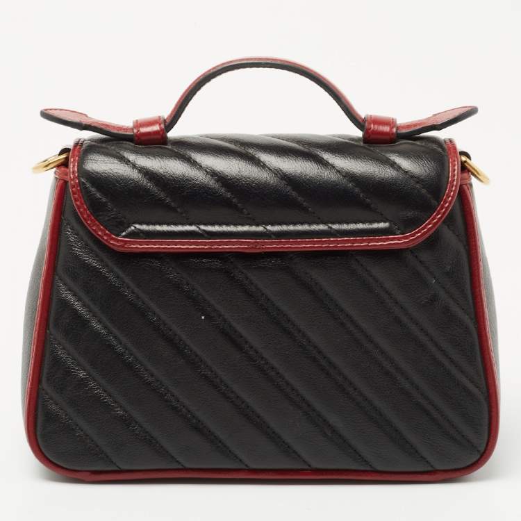 Pre Owned Gucci Black Diagonal Quilt Leather Mini GG Marmont Torchon Top Handle Bag