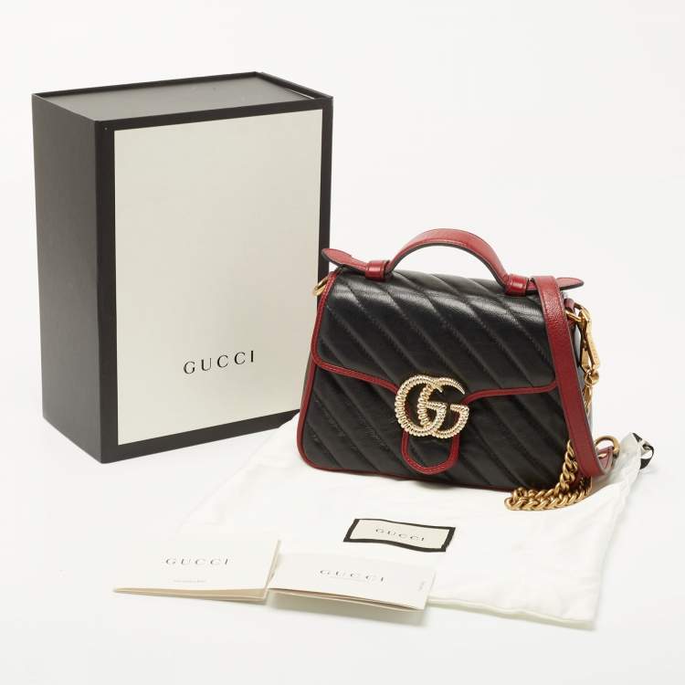 Pre Owned Gucci Black Diagonal Quilt Leather Mini GG Marmont Torchon Top Handle Bag