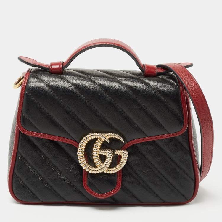 Pre Owned Gucci Black Diagonal Quilt Leather Mini GG Marmont Torchon Top Handle Bag