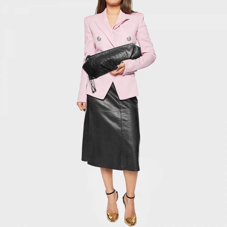 Pre Owned Gucci Black Ostrich Pleated Long Clutch