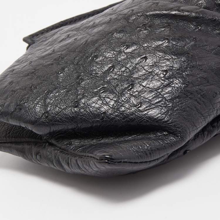 Pre Owned Gucci Black Ostrich Pleated Long Clutch