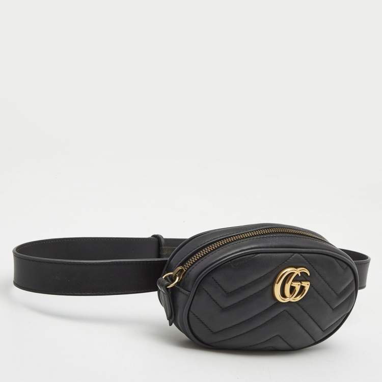 Pre Owned Gucci Black Matelassé Leather GG Marmont Belt Bag