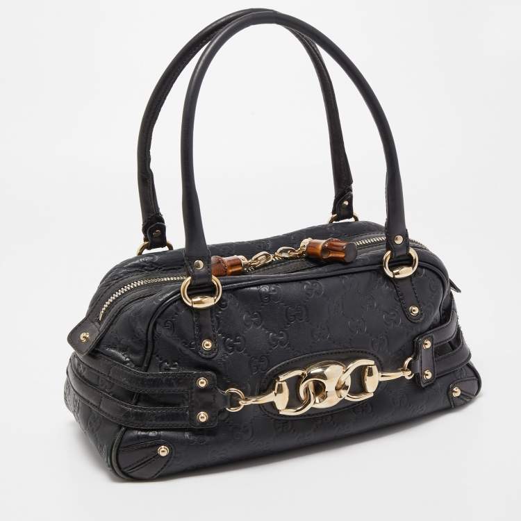 Pre Owned Gucci Black Leather Guccissima Horsebit Wave Boston Bag