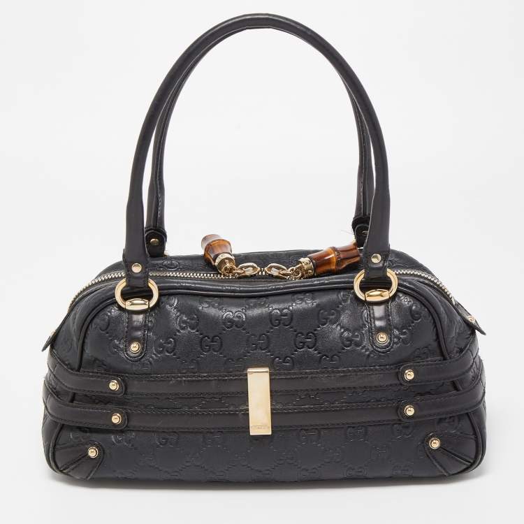 Pre Owned Gucci Black Leather Guccissima Horsebit Wave Boston Bag