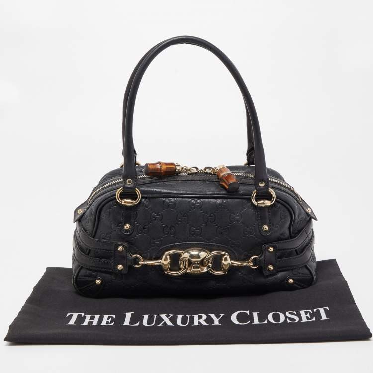 Pre Owned Gucci Black Leather Guccissima Horsebit Wave Boston Bag