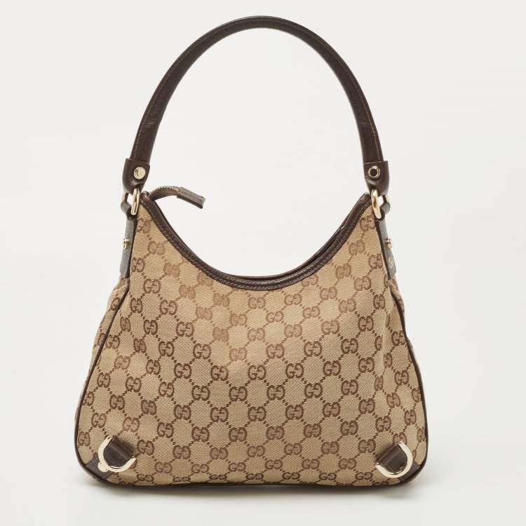 Pre Owned Gucci Brown/Beige GG Canvas and Leather Medium Abbey D-Ring Hobo