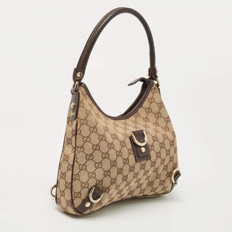 Pre Owned Gucci Brown/Beige GG Canvas and Leather Medium Abbey D-Ring Hobo