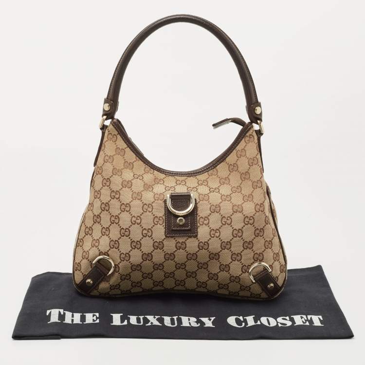 Pre Owned Gucci Brown/Beige GG Canvas and Leather Medium Abbey D-Ring Hobo