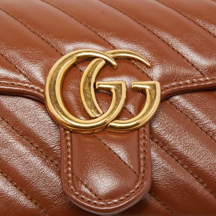 Pre Owned Gucci Brown Diagonal Quilted Leather Mini GG Marmont Shoulder Bag