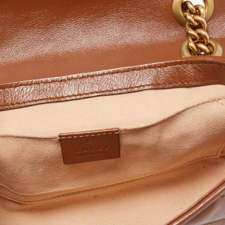 Pre Owned Gucci Brown Diagonal Quilted Leather Mini GG Marmont Shoulder Bag