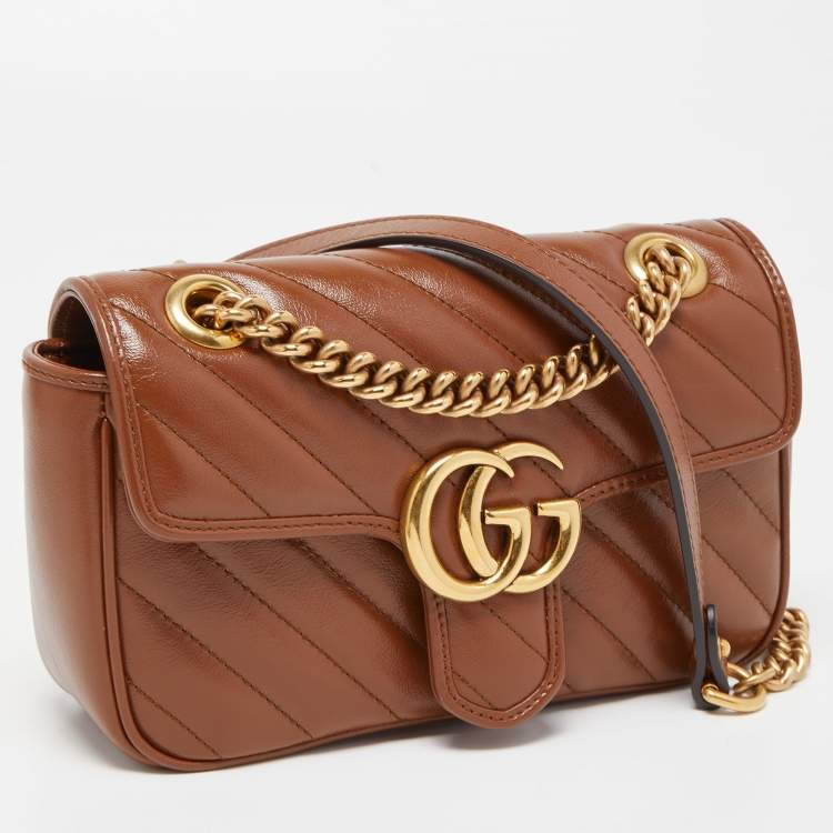 Pre Owned Gucci Brown Diagonal Quilted Leather Mini GG Marmont Shoulder Bag