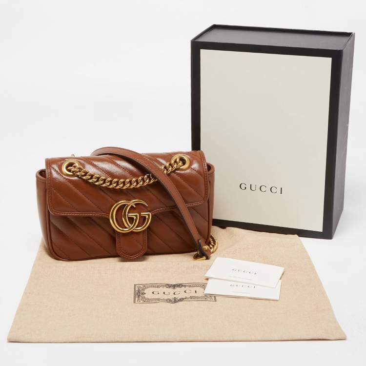 Pre Owned Gucci Brown Diagonal Quilted Leather Mini GG Marmont Shoulder Bag