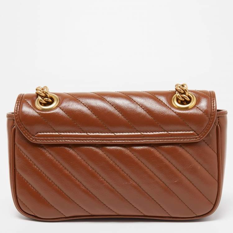 Pre Owned Gucci Brown Diagonal Quilted Leather Mini GG Marmont Shoulder Bag