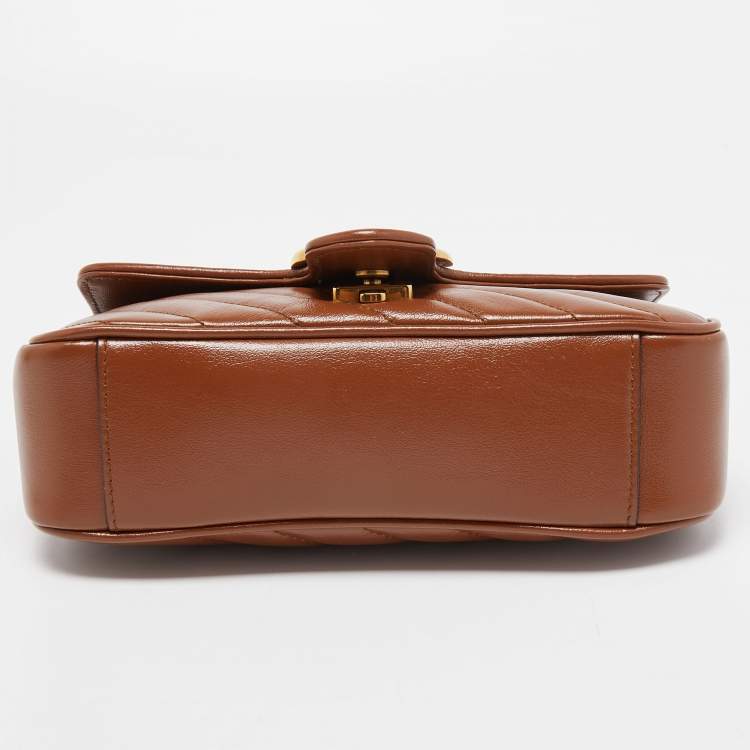 Pre Owned Gucci Brown Diagonal Quilted Leather Mini GG Marmont Shoulder Bag