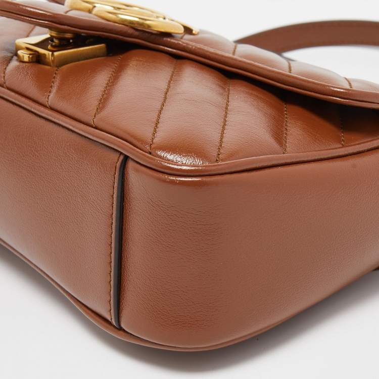 Pre Owned Gucci Brown Diagonal Quilted Leather Mini GG Marmont Shoulder Bag