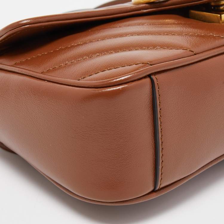 Pre Owned Gucci Brown Diagonal Quilted Leather Mini GG Marmont Shoulder Bag