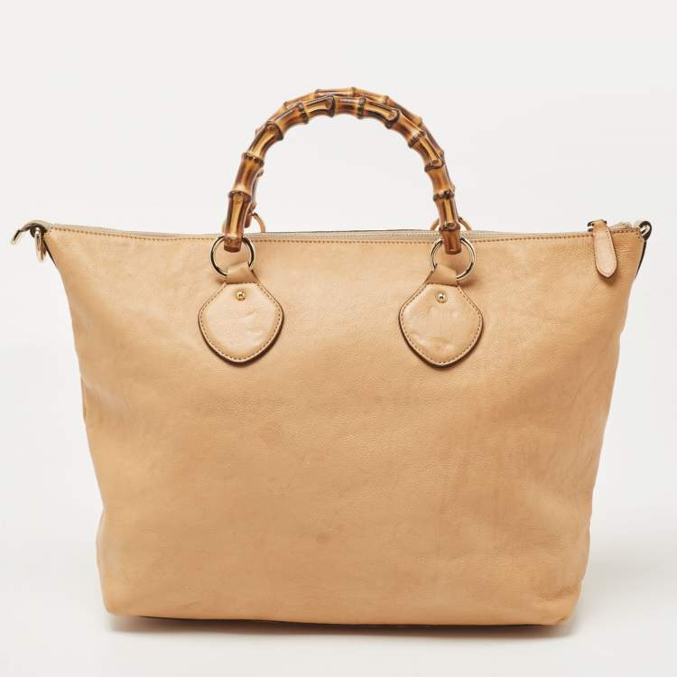 Pre Owned Gucci Tan Leather Medium Bamboo Shopper Tote