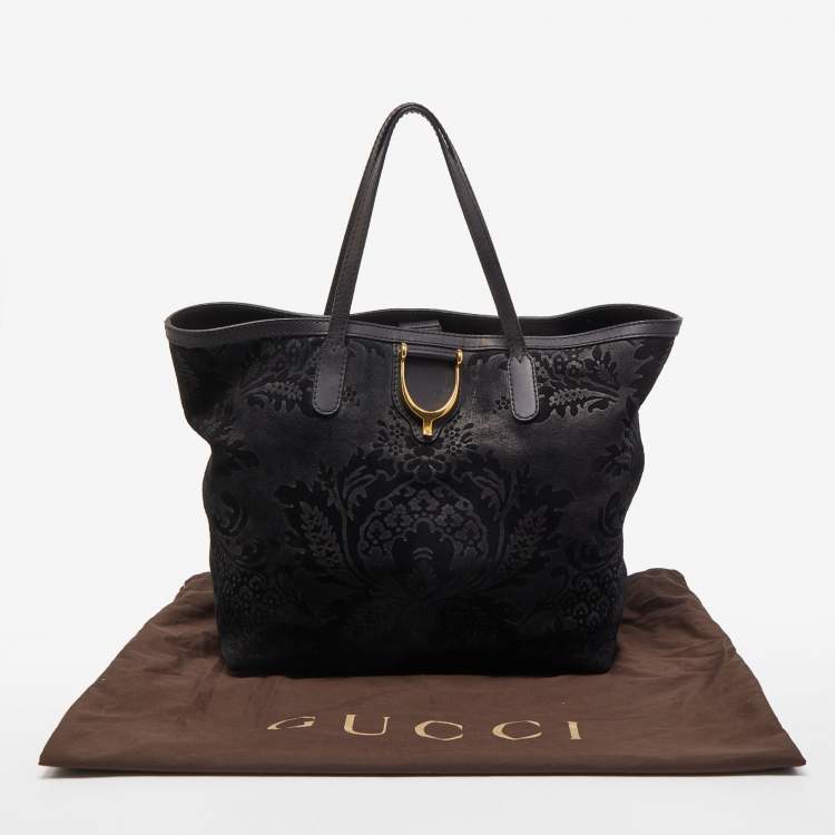 مملوكة مسبقًا Gucci Black Floral Print Suede Stirrup Tote