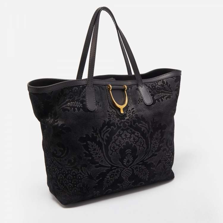 مملوكة مسبقًا Gucci Black Floral Print Suede Stirrup Tote