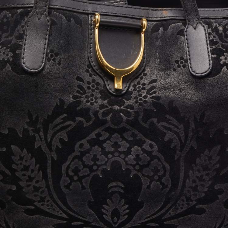 مملوكة مسبقًا Gucci Black Floral Print Suede Stirrup Tote