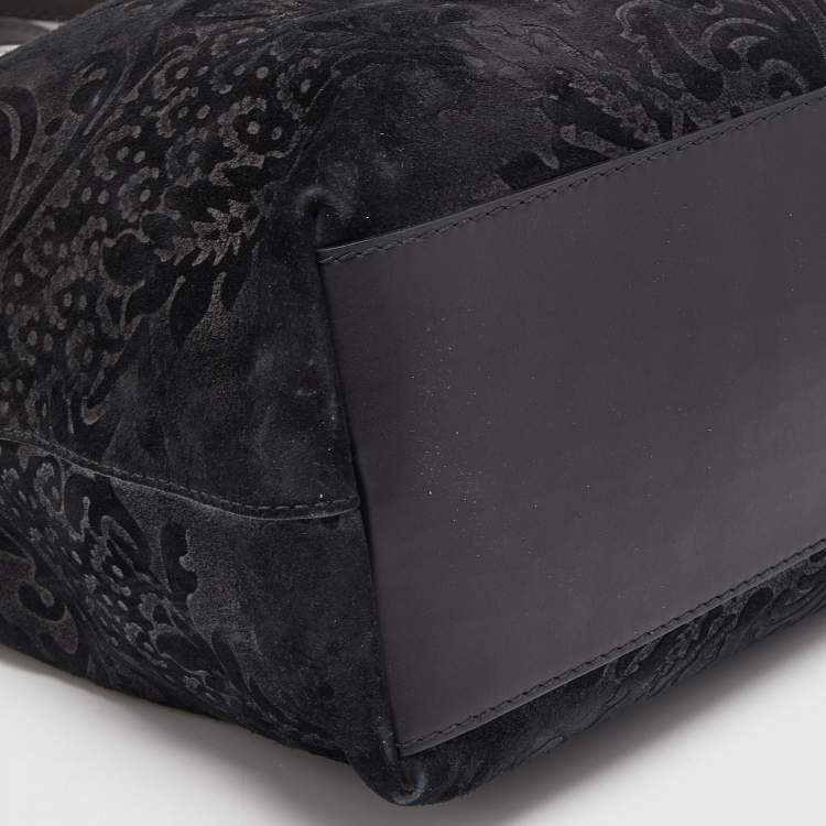 مملوكة مسبقًا Gucci Black Floral Print Suede Stirrup Tote