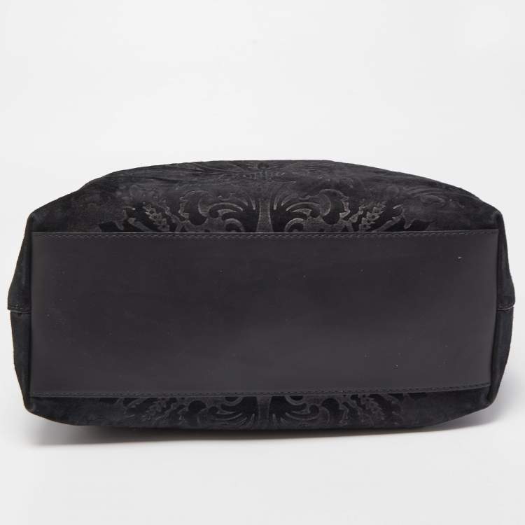 مملوكة مسبقًا Gucci Black Floral Print Suede Stirrup Tote