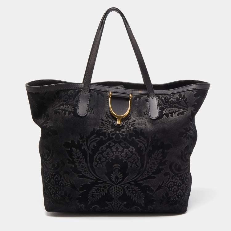 مملوكة مسبقًا Gucci Black Floral Print Suede Stirrup Tote