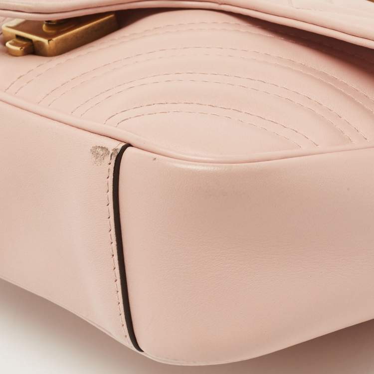 Pre Owned Gucci Light Pink Matelassé Leather Mini GG Marmont Shoulder Bag