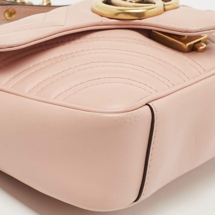 Pre Owned Gucci Light Pink Matelassé Leather Mini GG Marmont Shoulder Bag
