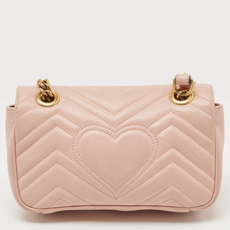 Pre Owned Gucci Light Pink Matelassé Leather Mini GG Marmont Shoulder Bag