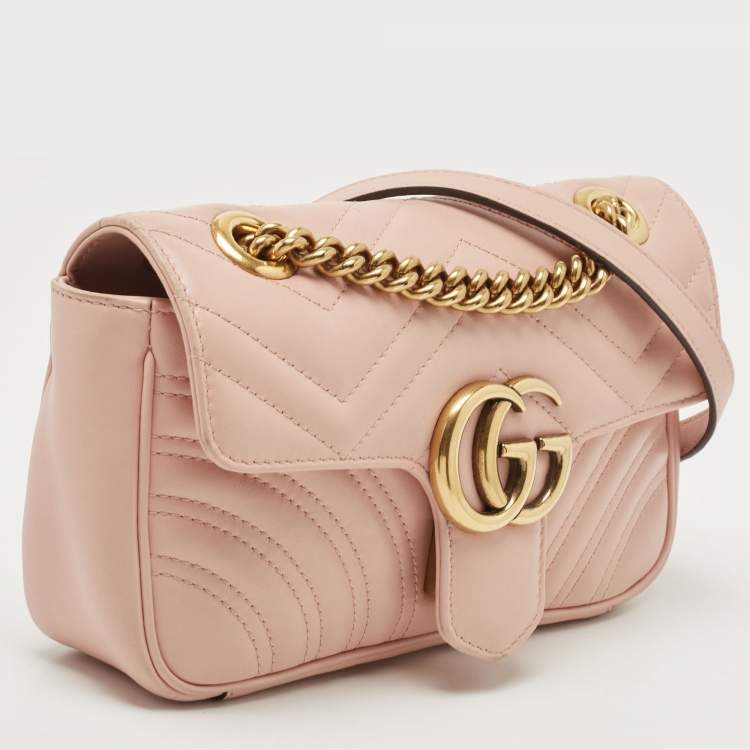 Pre Owned Gucci Light Pink Matelassé Leather Mini GG Marmont Shoulder Bag