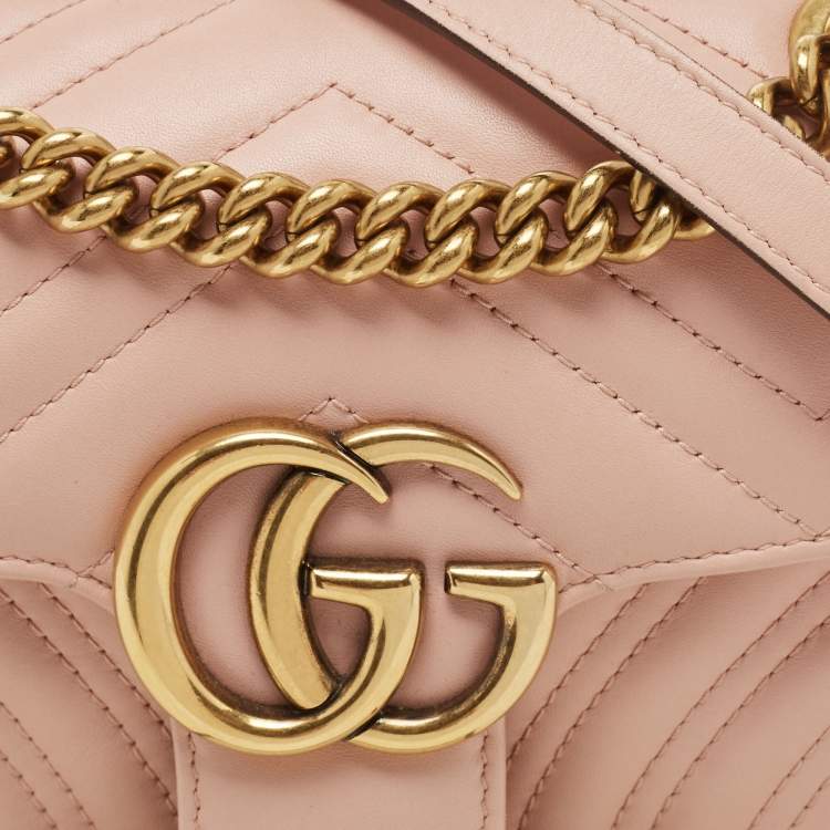 Pre Owned Gucci Light Pink Matelassé Leather Mini GG Marmont Shoulder Bag