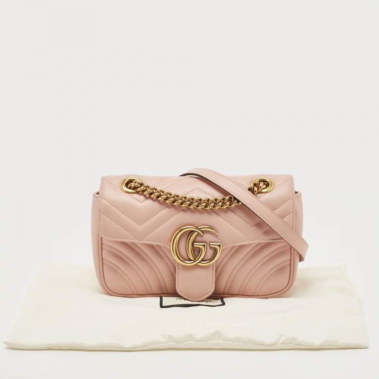 Pre Owned Gucci Light Pink Matelassé Leather Mini GG Marmont Shoulder Bag