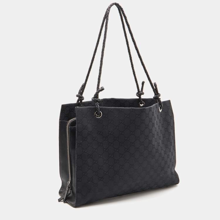 Pre Owned Gucci Black GG Canvas and Leather Braided Handle Tote