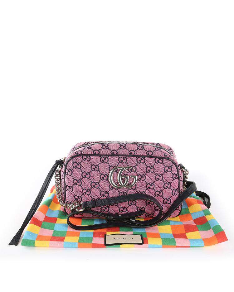 Pre Owned Gucci Pink & Black Canvas Small Diagonal Quilted GG Shoulder Bag