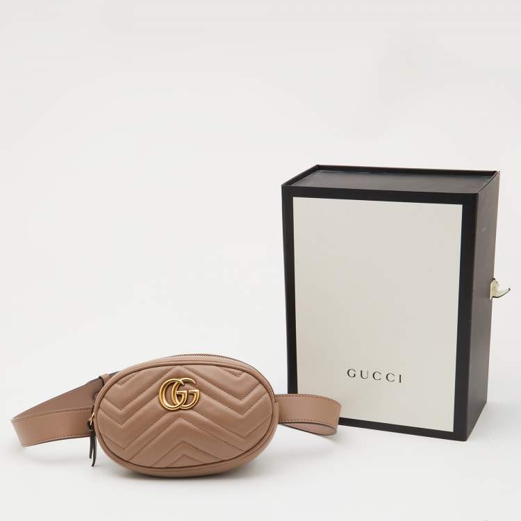 Pre Owned Gucci Beige Matelassé Leather GG Marmont Belt Bag