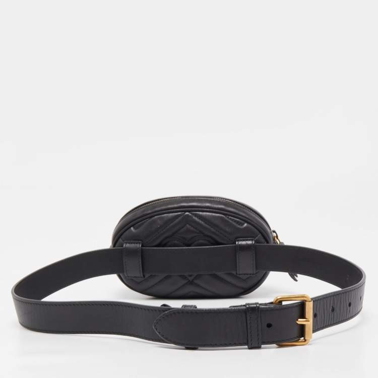 Pre Owned Gucci Black Matelassé Leather GG Marmont Belt Bag