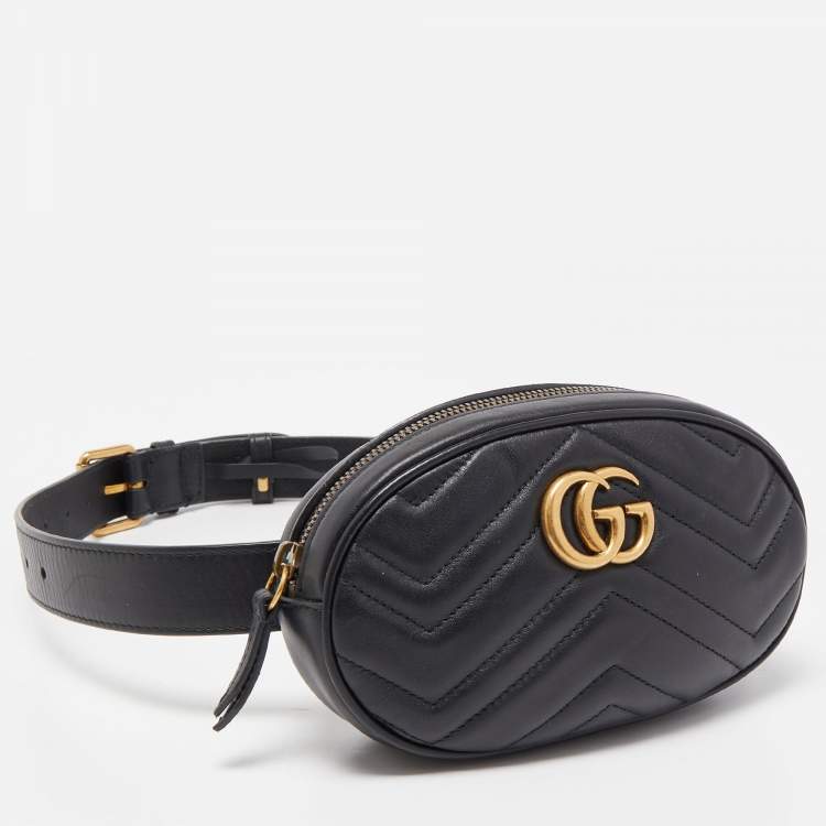 Pre Owned Gucci Black Matelassé Leather GG Marmont Belt Bag