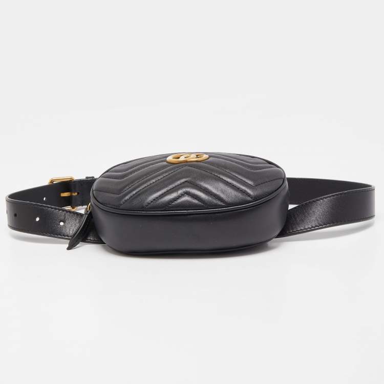 Pre Owned Gucci Black Matelassé Leather GG Marmont Belt Bag