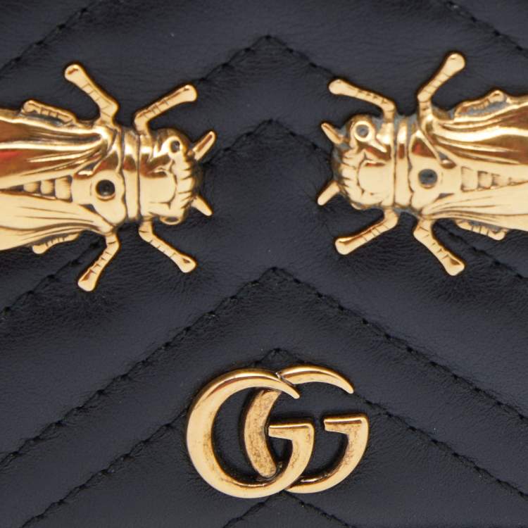 Pre Owned Gucci Black Matelassé Leather Cicada GG Marmont Card Case