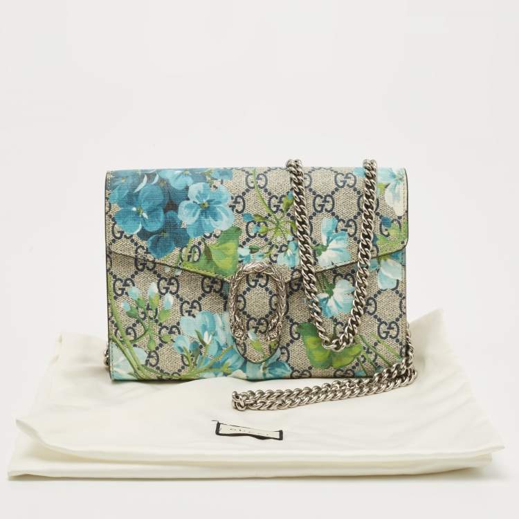 Pre Owned Gucci Blue/Beige GG Blooms Supreme Canvas and Leather Dionysus Wallet On Chain