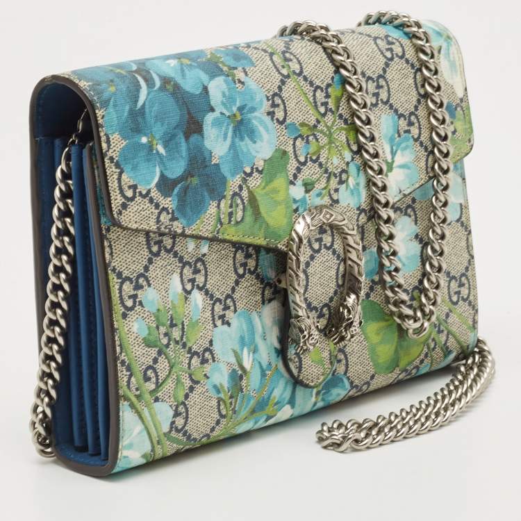 Pre Owned Gucci Blue/Beige GG Blooms Supreme Canvas and Leather Dionysus Wallet On Chain