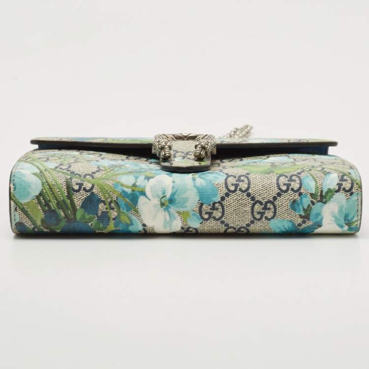 Pre Owned Gucci Blue/Beige GG Blooms Supreme Canvas and Leather Dionysus Wallet On Chain
