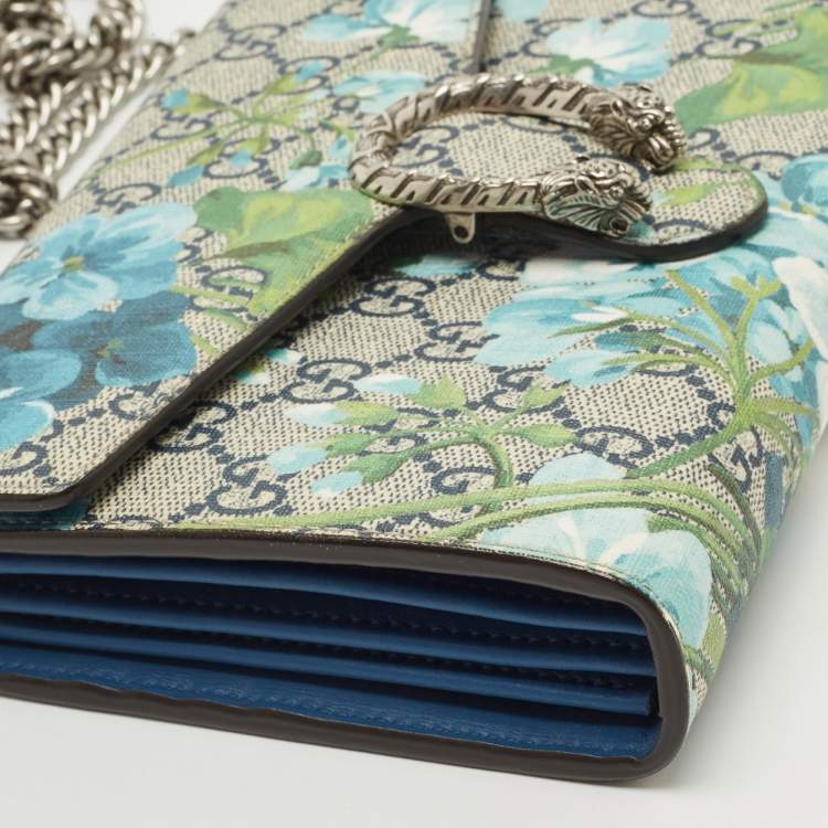 Pre Owned Gucci Blue/Beige GG Blooms Supreme Canvas and Leather Dionysus Wallet On Chain