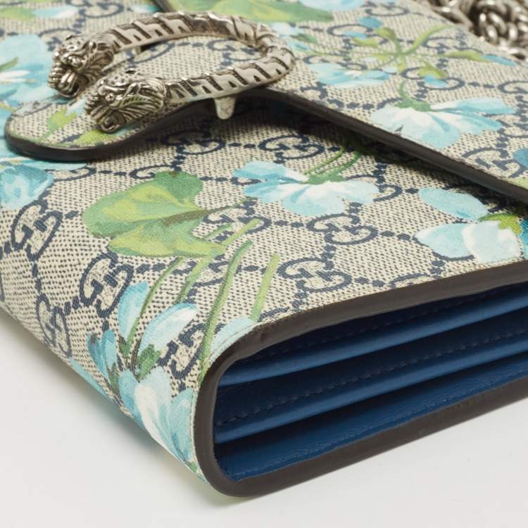 Pre Owned Gucci Blue/Beige GG Blooms Supreme Canvas and Leather Dionysus Wallet On Chain