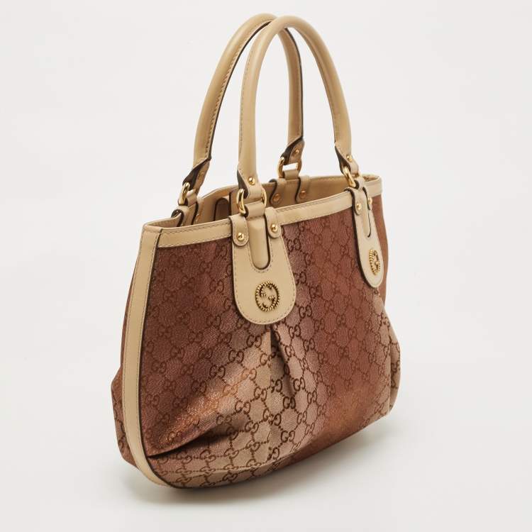 Pre Owned Gucci Beige/Metallic Pink GG Canvas and Leather Medium Scarlett Stud Tote