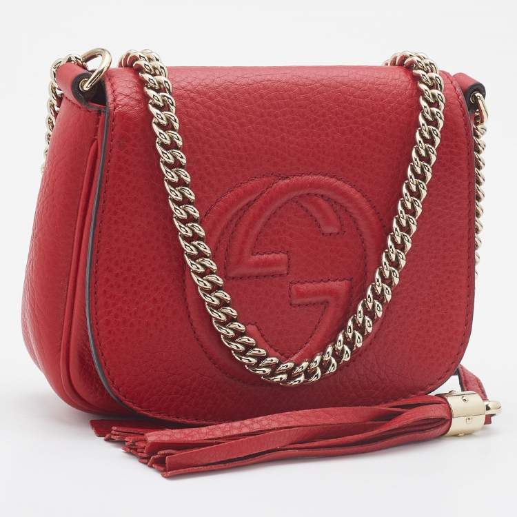 Pre Owned Gucci Red Leather Soho Flap Chain Crossbody Bag