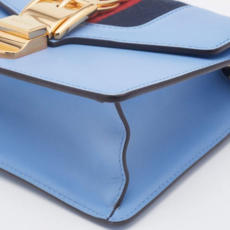 Pre Owned Gucci Light Blue Leather Mini Chain Sylvie Crossbody Bag